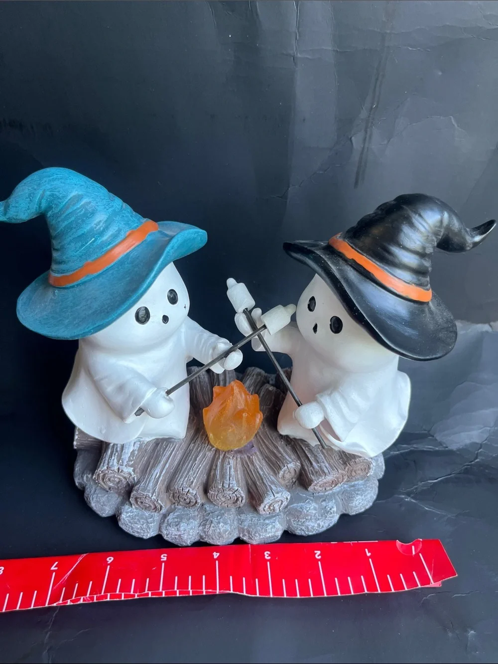 Halloween Ghost Duo Figurine with Blue and Black Witch Hats